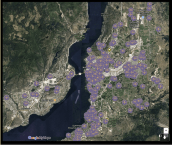 Satellite image of portion of Okanagan Lake showing locations of many bee ambassadors