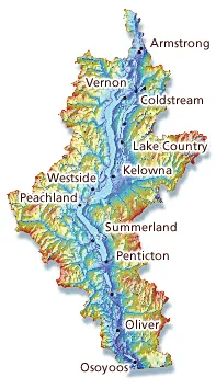 A contour map of the Okanagan Region, listing all the major communities