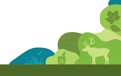 Stylized graphic for EcoAction Community Funding Program shows pond, elk and recycling bin