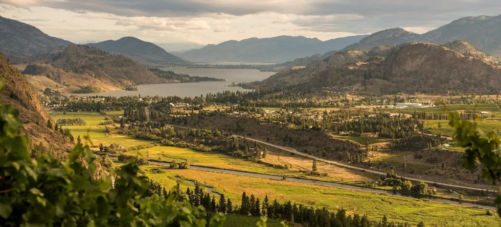 Sunny view of the North Okanagan with the lake and dark mountains in the distance, dry hills, trees and houses in the middleground and roads and fields in the foreground.