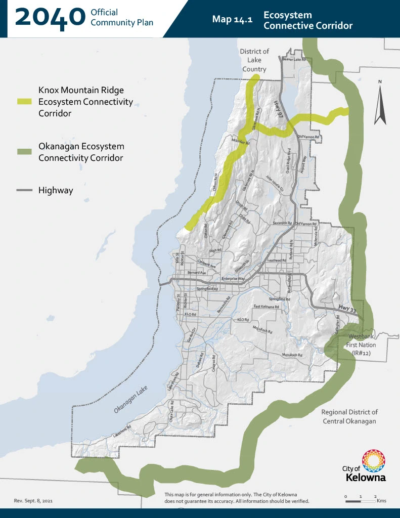 2040 Official Community Plan map of Kelowna area and adjacent Ecosystem Connective Corridor