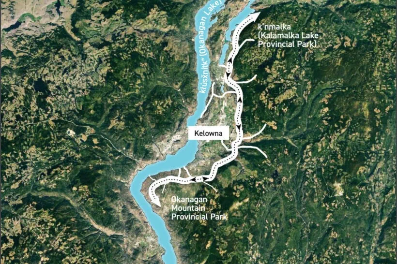 From space overview map showing Okanagan Lake region and entire Ecological Corridor
