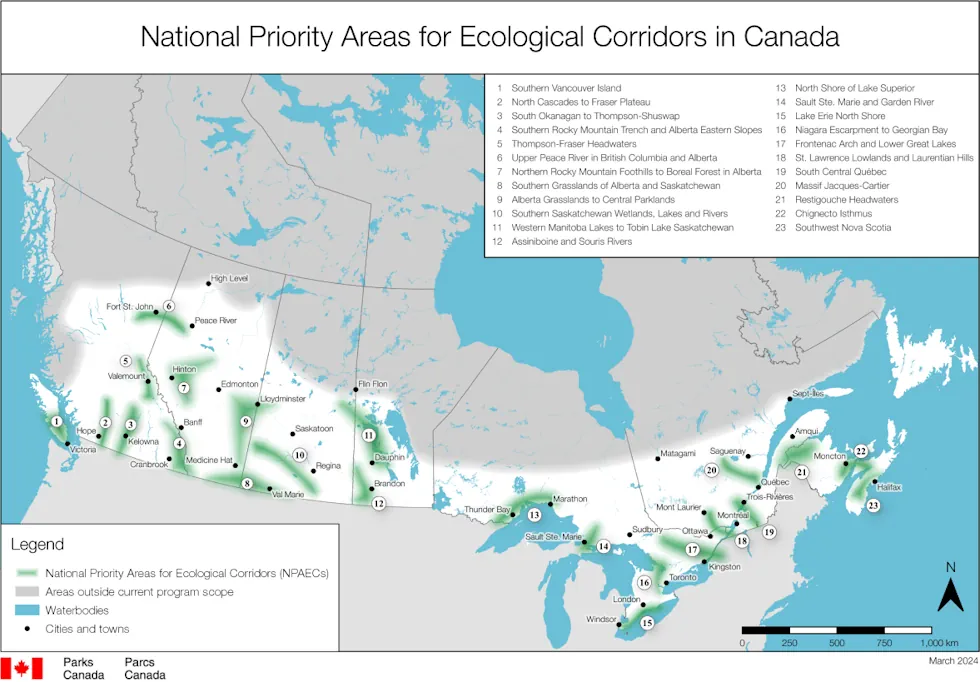 Map shows series of separate ecological corridors across Canada, from Victoria to Halifax